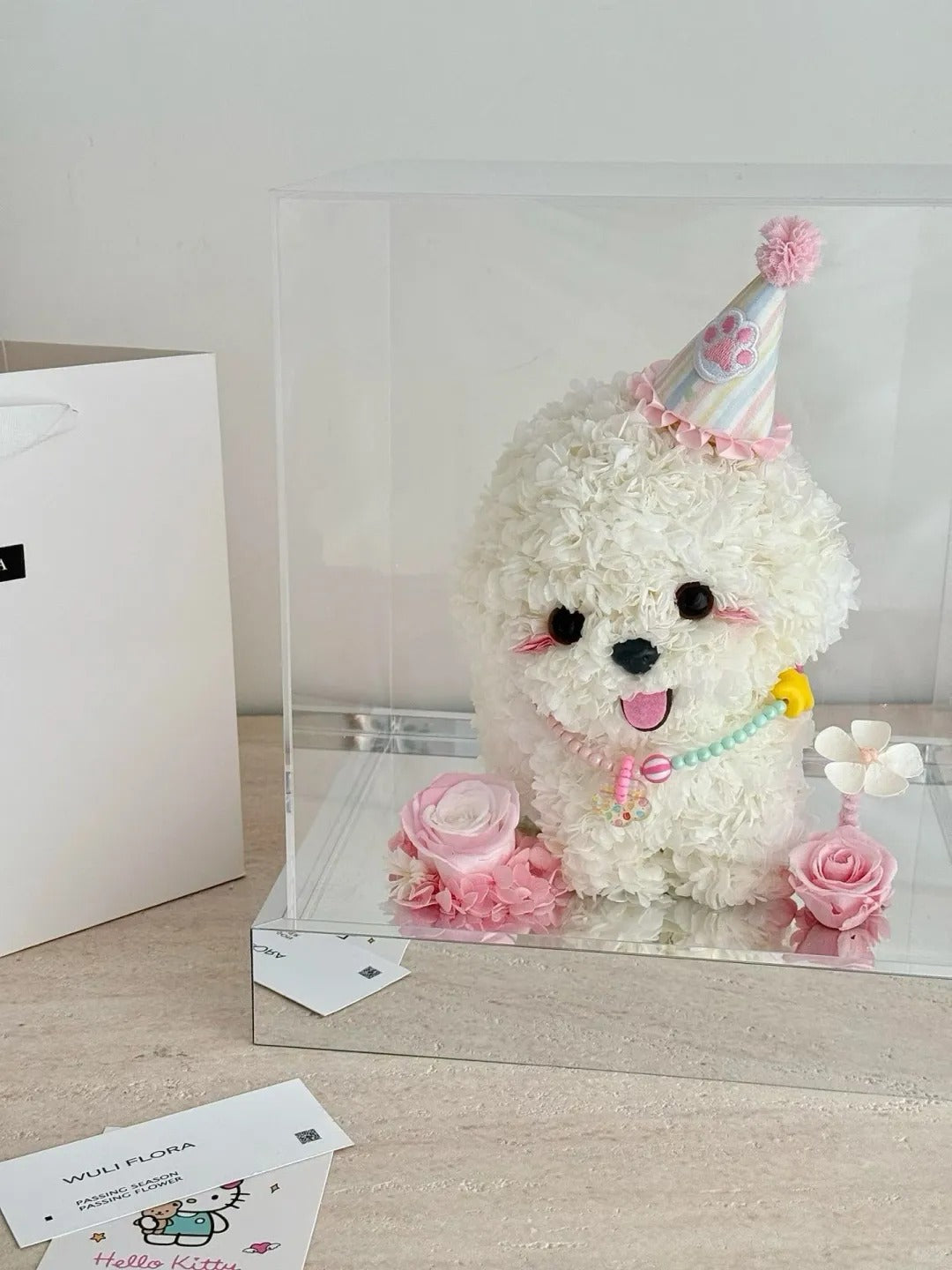 Puppy Preserved Flower Box / Birthday Gift / Feng Shui Ornament - Party Puppy / Headphone Puppy