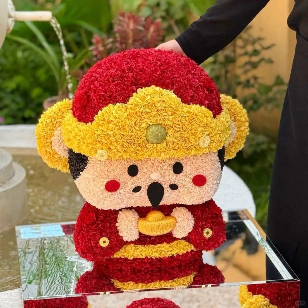 God of Wealth Flower Box with Preserved Roses - Auspicious for Attracting Wealth and Protecting the Home