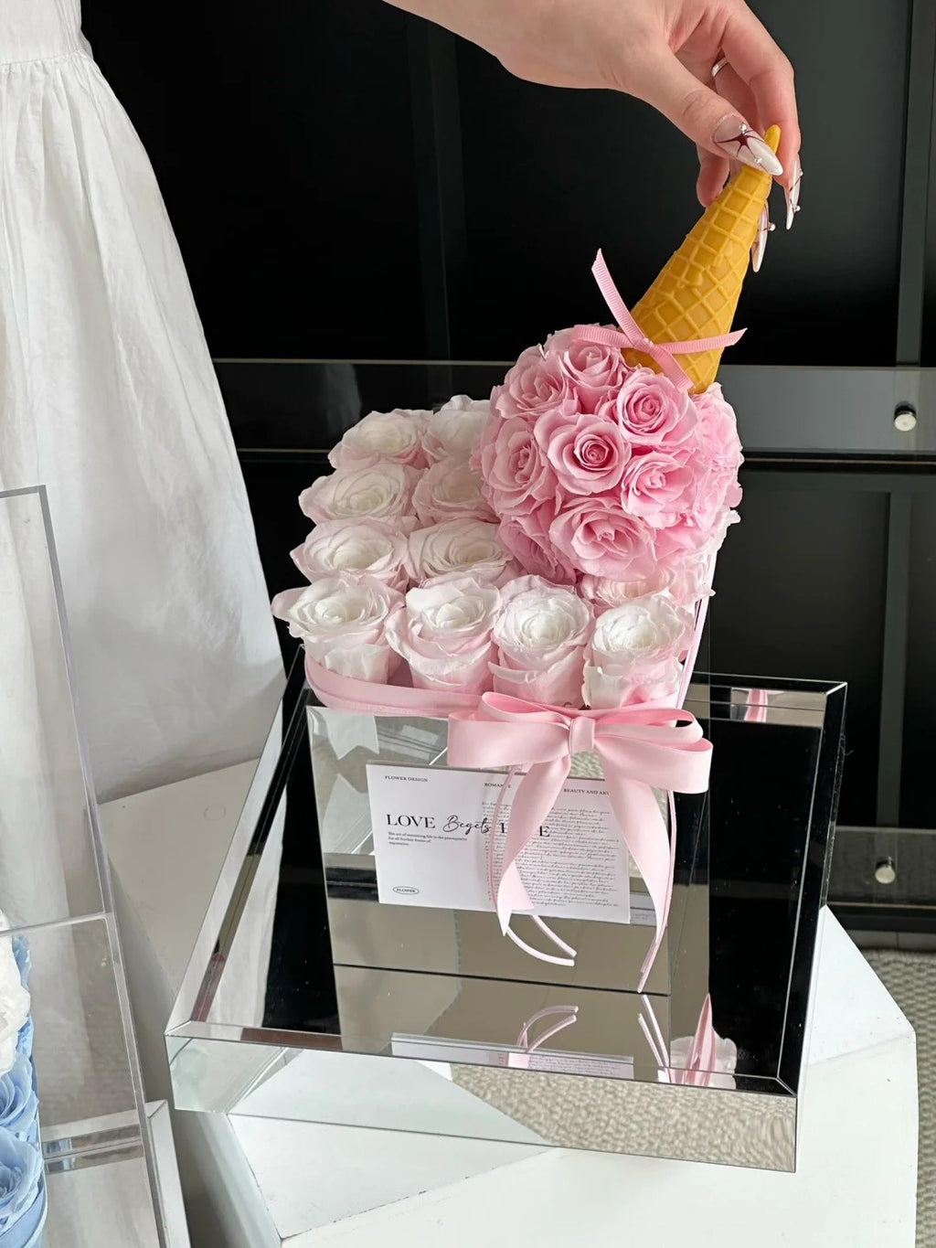 Preserved rose acrylic flower box, ice cream flower box, for daughter/wife/mother - pink roses