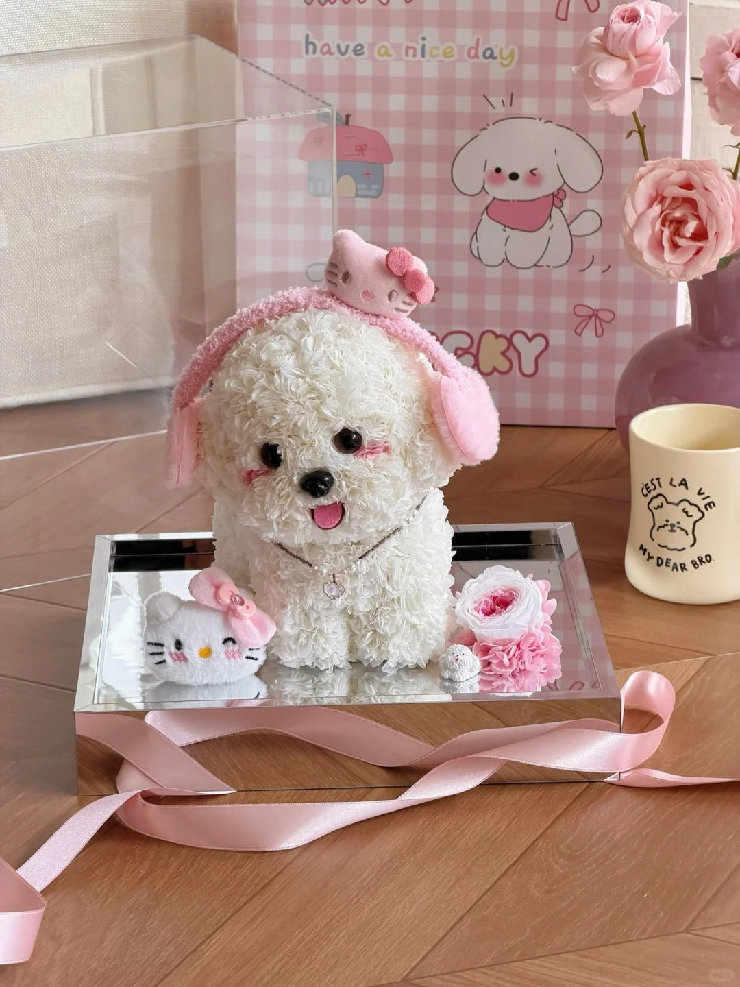 Puppy Preserved Flower Box / Birthday Gift / Feng Shui Ornament - Party Puppy / Headphone Puppy