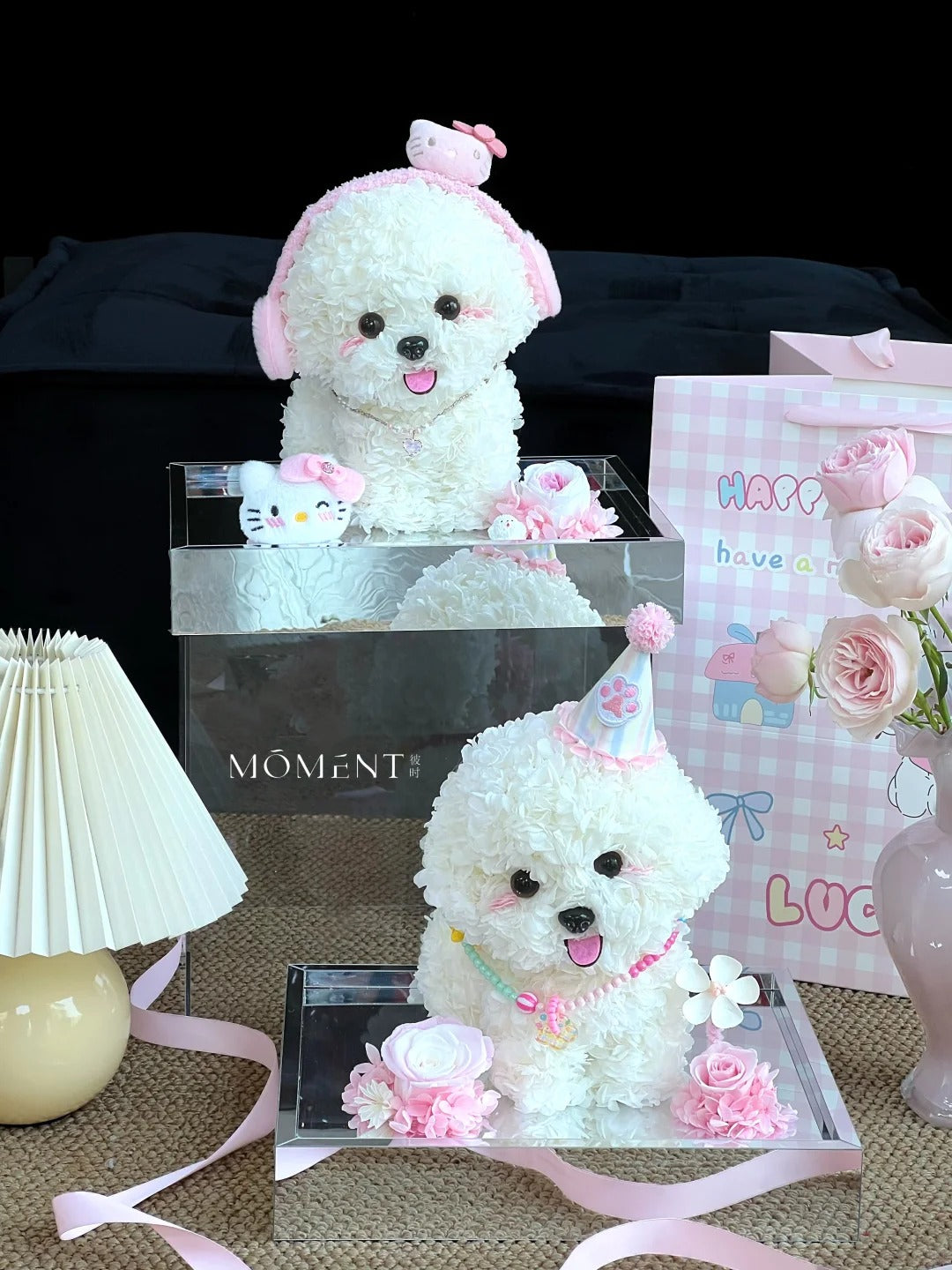 Puppy Preserved Flower Box / Birthday Gift / Feng Shui Ornament - Party Puppy / Headphone Puppy