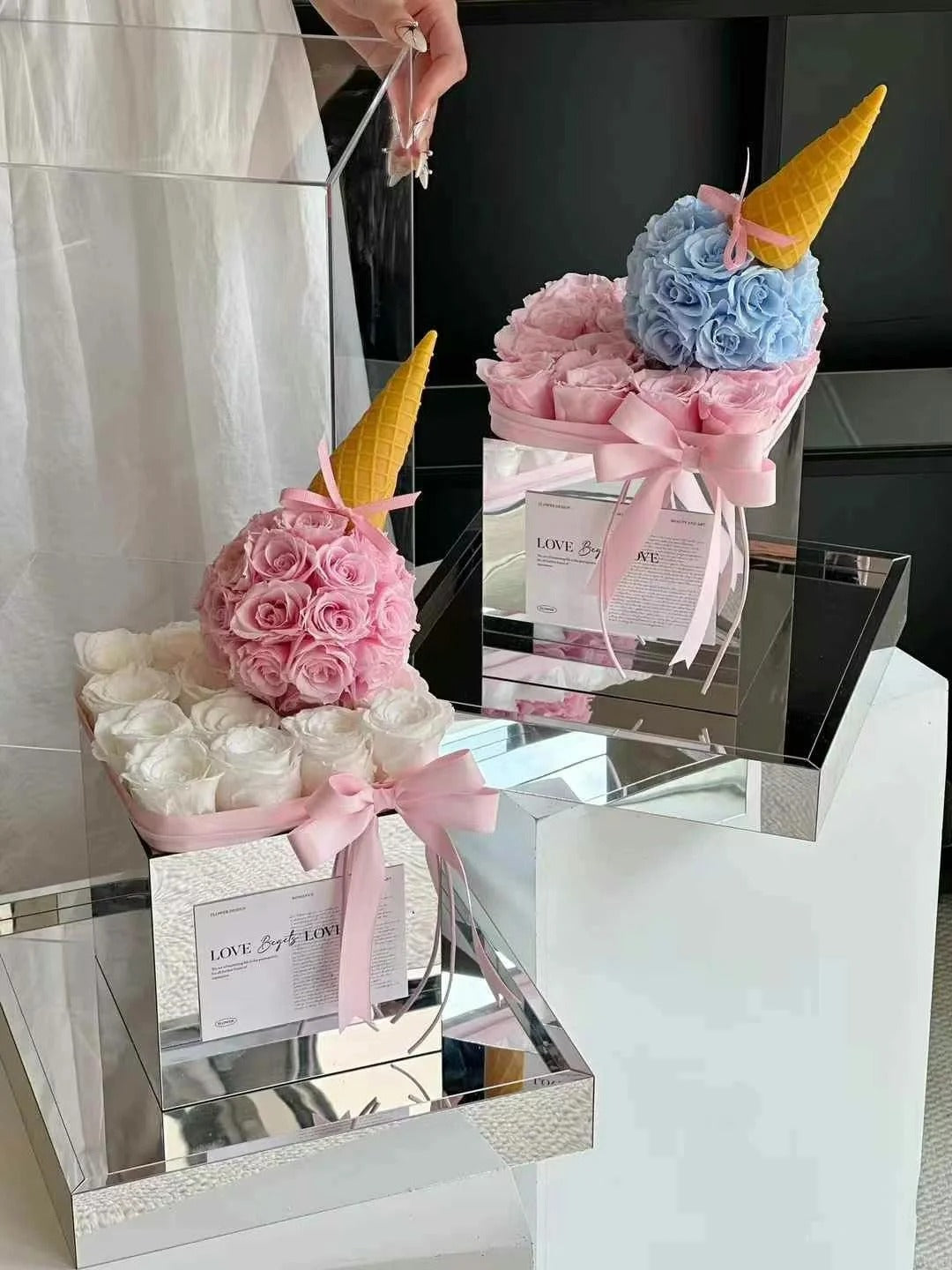 Preserved rose acrylic flower box, ice cream flower box, for daughter/wife/mother - pink roses