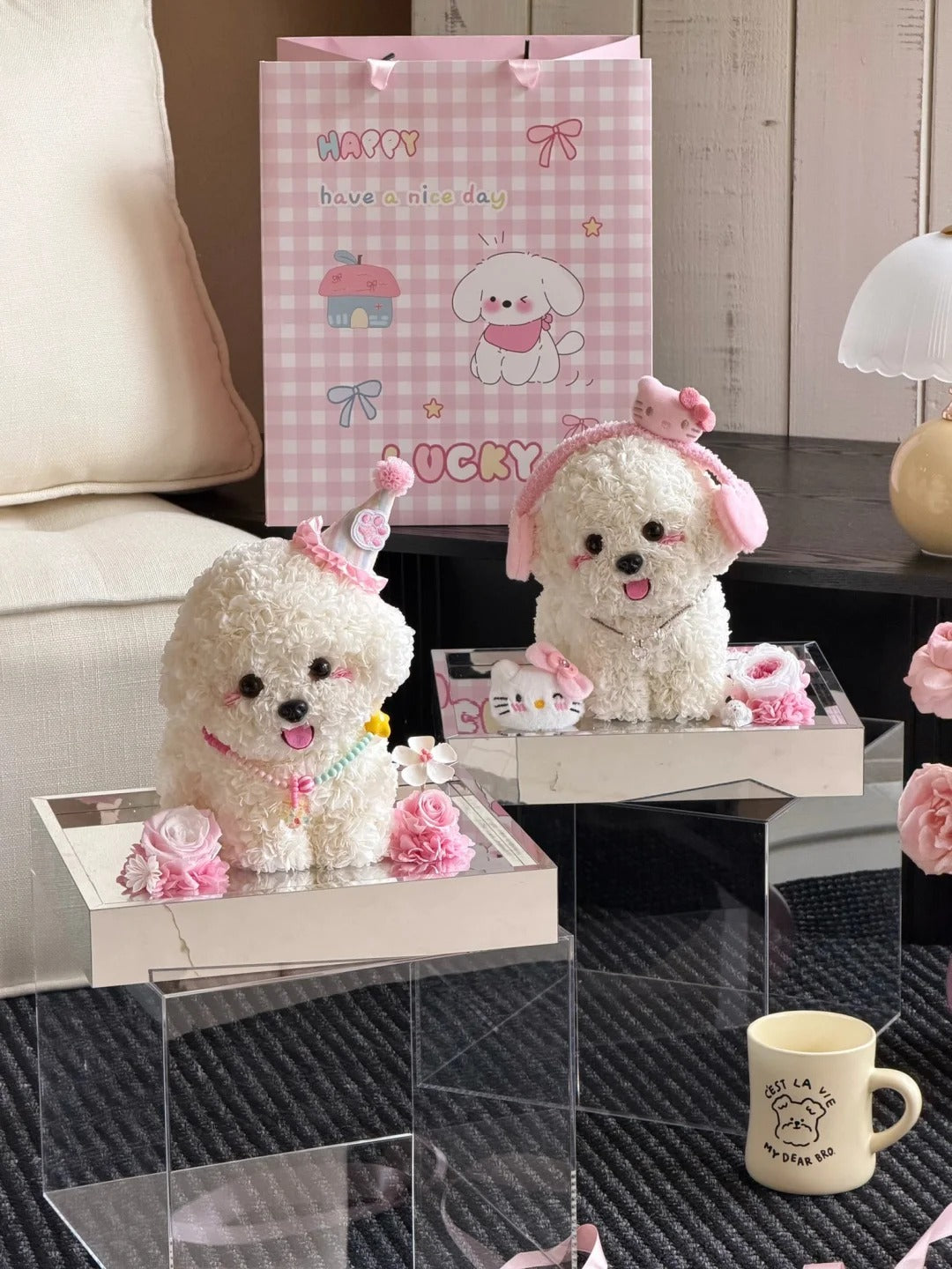 Puppy Preserved Flower Box / Birthday Gift / Feng Shui Ornament - Party Puppy / Headphone Puppy