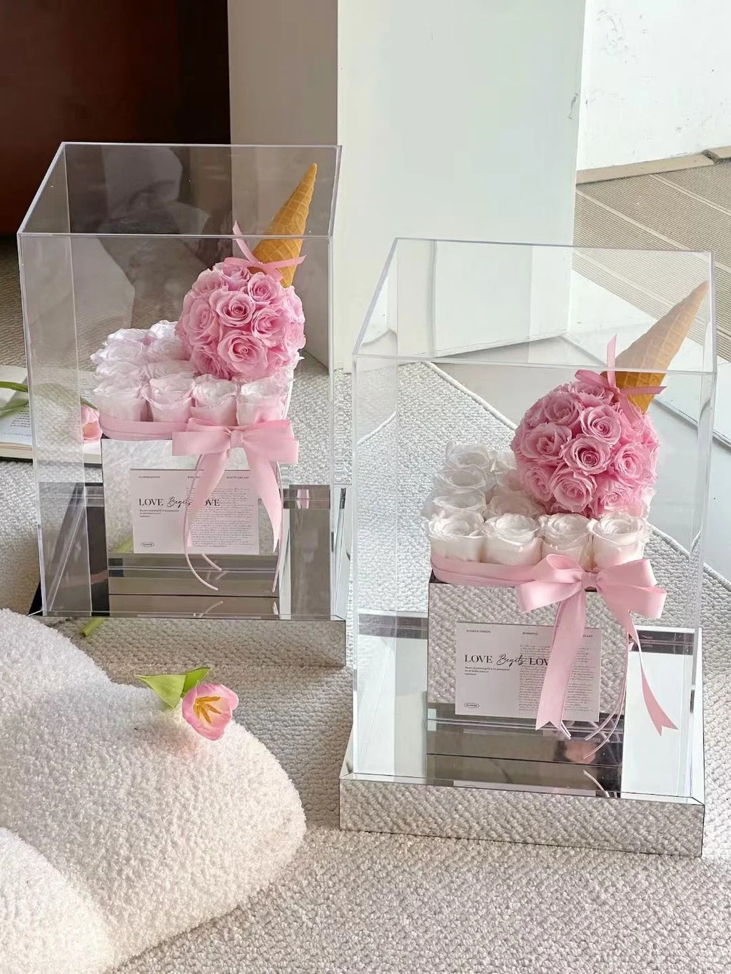 Preserved rose acrylic flower box, ice cream flower box, for daughter/wife/mother - pink roses