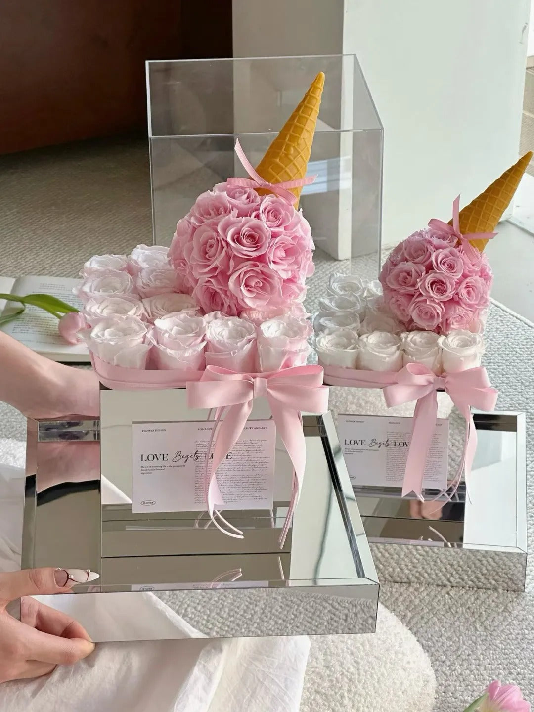 Preserved rose acrylic flower box, ice cream flower box, for daughter/wife/mother - pink roses