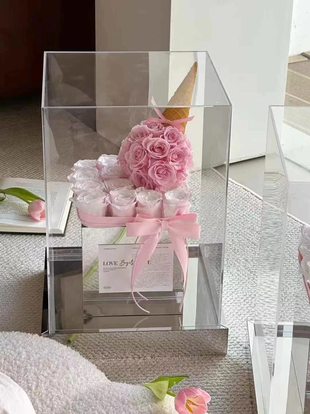 Preserved rose acrylic flower box, ice cream flower box, for daughter/wife/mother - pink roses