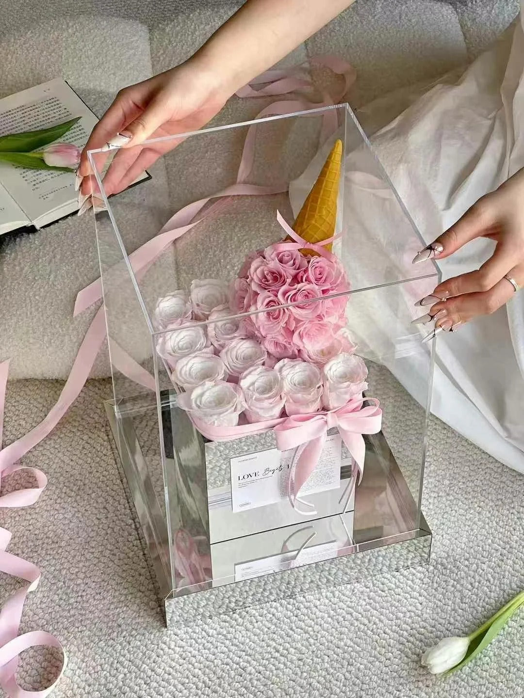 Preserved rose acrylic flower box, ice cream flower box, for daughter/wife/mother - pink roses