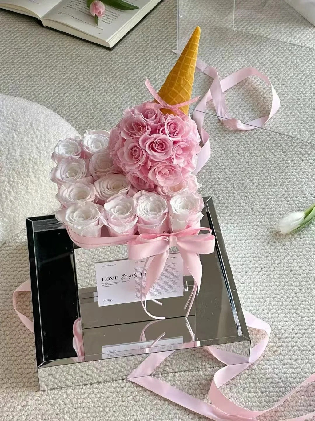 Preserved rose acrylic flower box, ice cream flower box, for daughter/wife/mother - pink roses