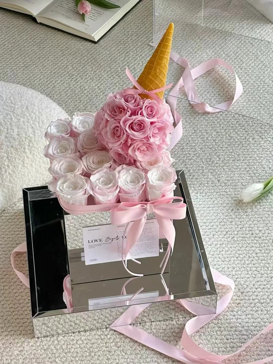 Preserved rose acrylic flower box, ice cream flower box, for daughter/wife/mother - pink roses