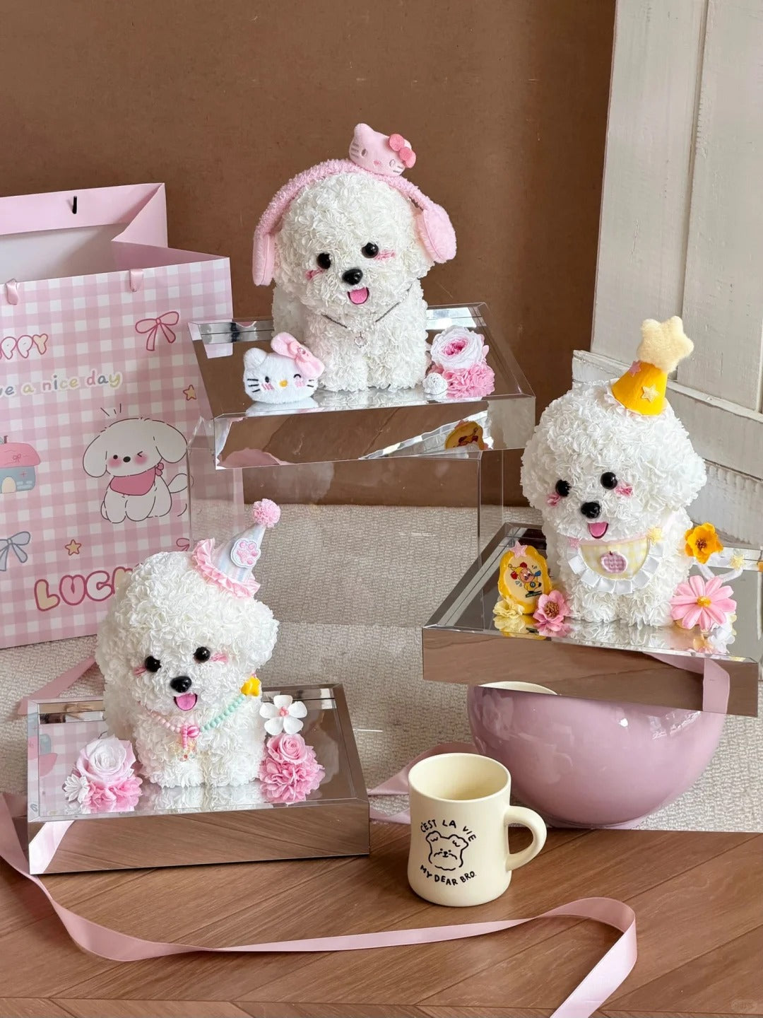 Puppy Preserved Flower Box / Birthday Gift / Feng Shui Ornament - Party Puppy / Headphone Puppy