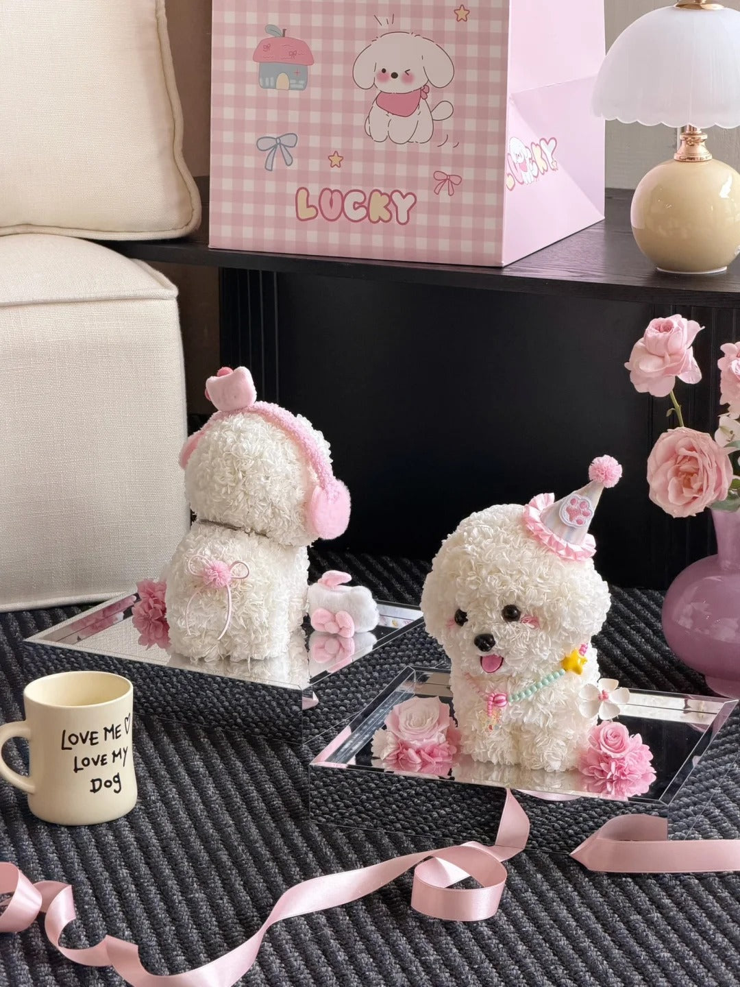 Puppy Preserved Flower Box / Birthday Gift / Feng Shui Ornament - Party Puppy / Headphone Puppy